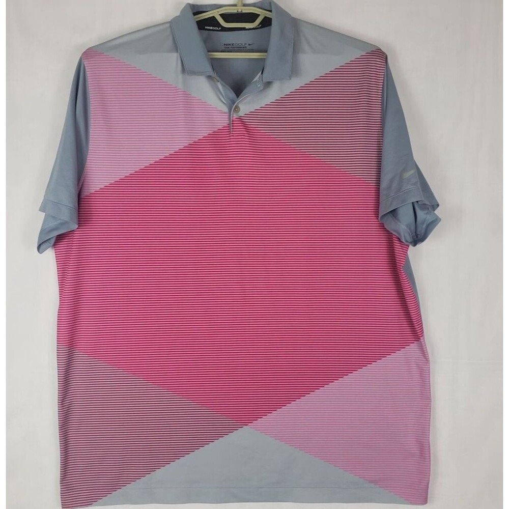 Nike Golf Shirt Mens 2XL Tour Performance Gray Pink Striped Colorblock Polo